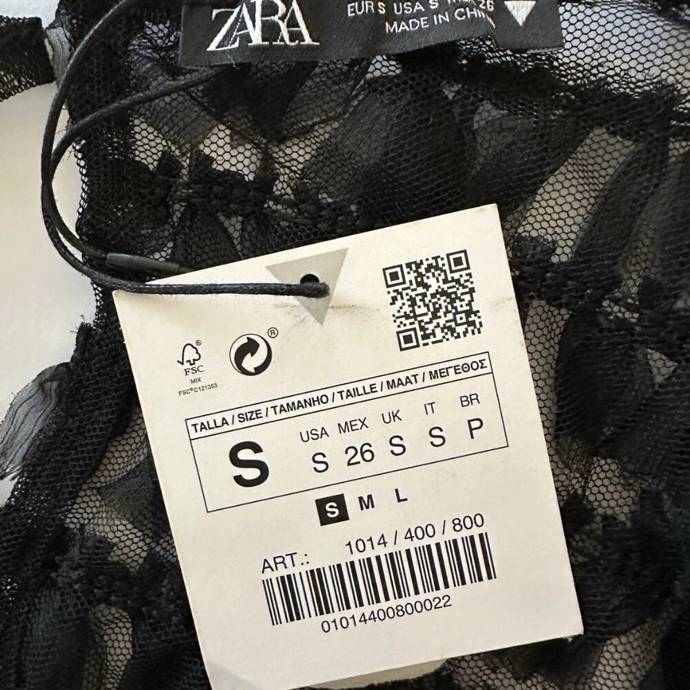 ✨ NWT Zara Black Tulle Fringe Mini Dress Small Puff Sleeve Ruffle 🖤 - Picture 15 of 16